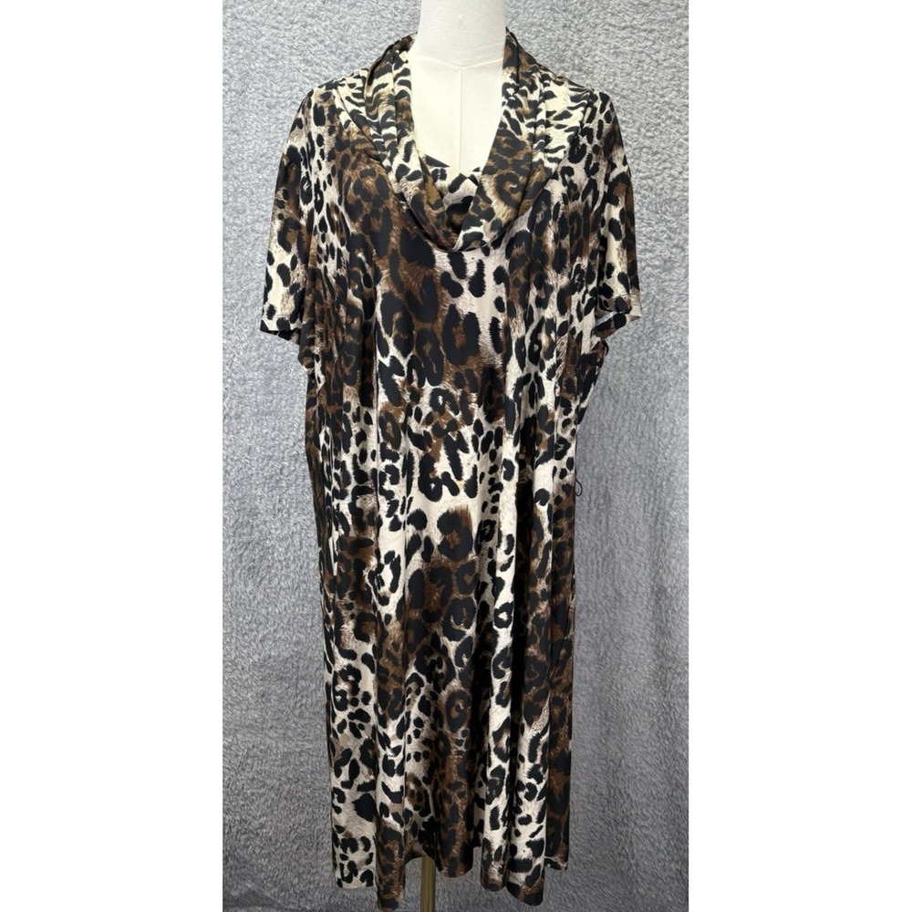 Liz Claiborne Womens 1X Leopard Print Jersey Knit Dress Stretch Cowl Neck Office